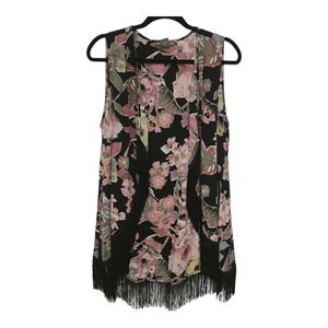Kate & Mallory Womens Floral Fringe Vest Black Pink L Boho Festival Kimono Style